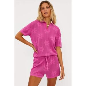 Beach Riot Liliana Polo Collar Top Balboa Shorts Pink Knit Flower Set Coverup